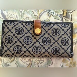 Tory Burch T Monogram Navy and Tan Wallet